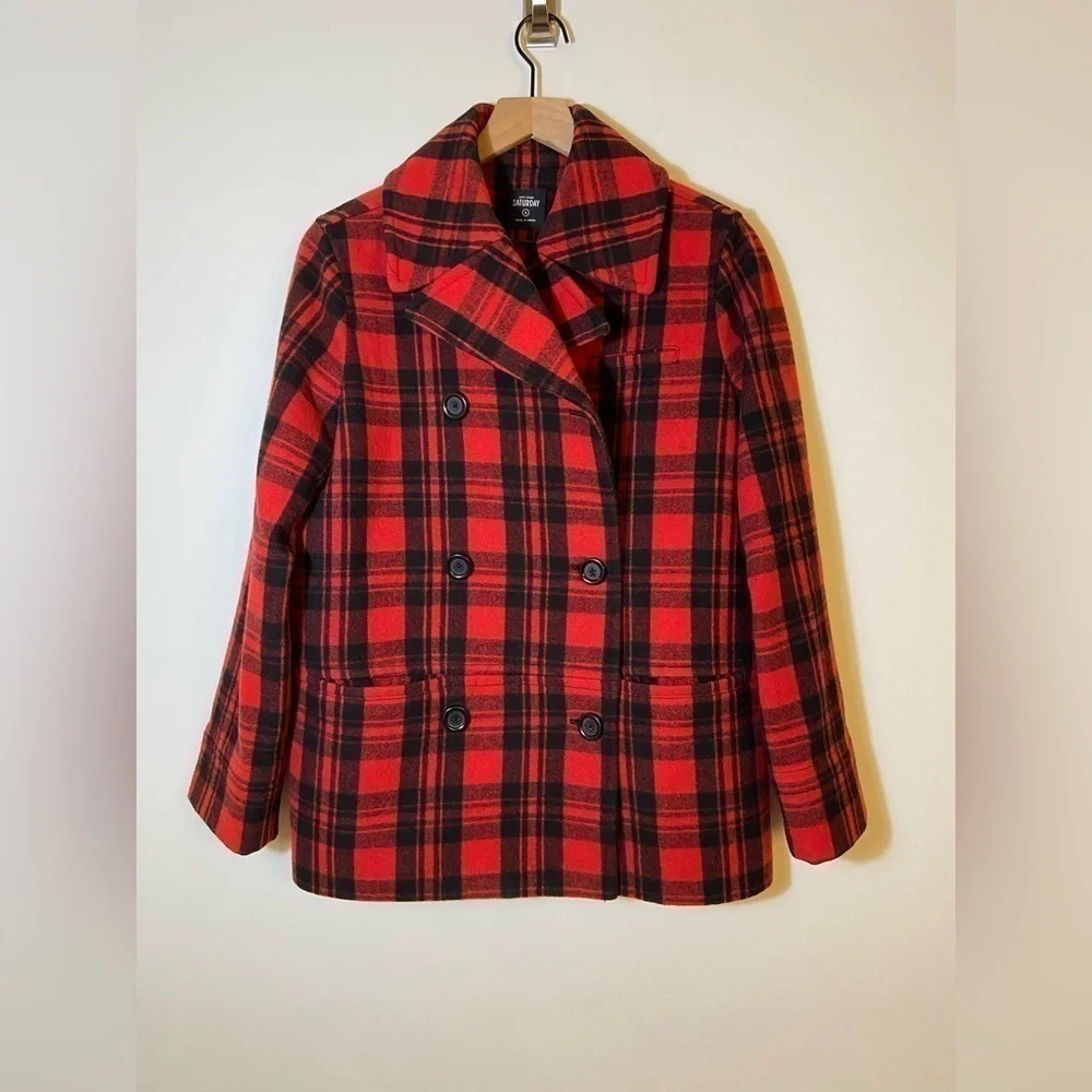 Kate spade SATURDAY scotch plaid wool blend pea coat Red Black Sz S